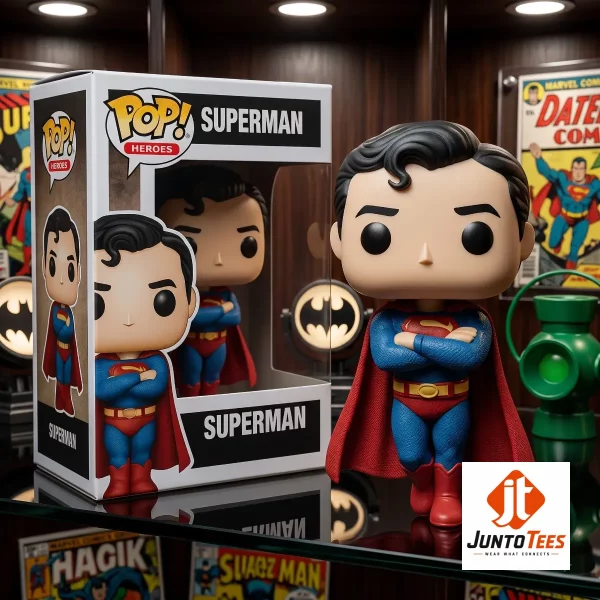 Superman Classic Blue Suit Funko Pop Resin Figure 2 Stylized Superman resin figure standing on a polished wooden surface with its packaging box. (Detail view #3)