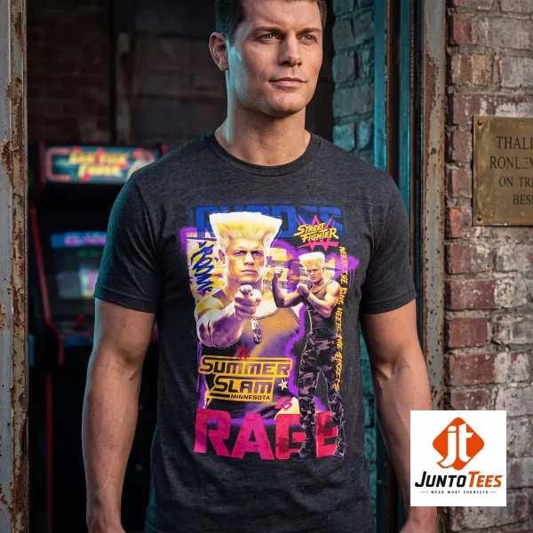 Close-up detail of the flat-printed neon Cody Rhodes SummerSlam graphic with arcade-style text.