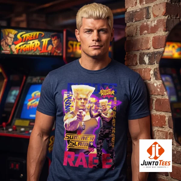 A man posing in a graphic t-shirt featuring a stylized Cody Rhodes in a neon retro video game design. (Detail view #3)
