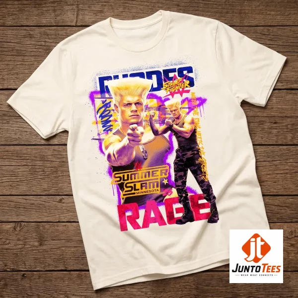 A man posing in a graphic t-shirt featuring a stylized Cody Rhodes in a neon retro video game design. (Detail view #4)