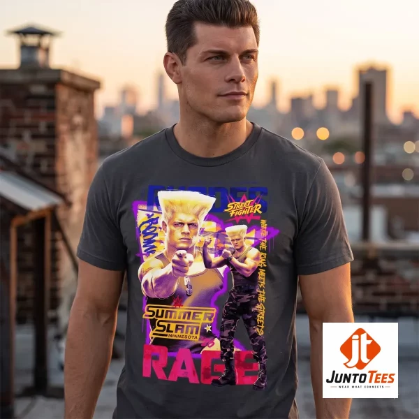 Product photography of Cody Rhodes Street Fighter SummerSlam Minnesota Retro Graphic T-Shirt 2026 - Latest 2026 model