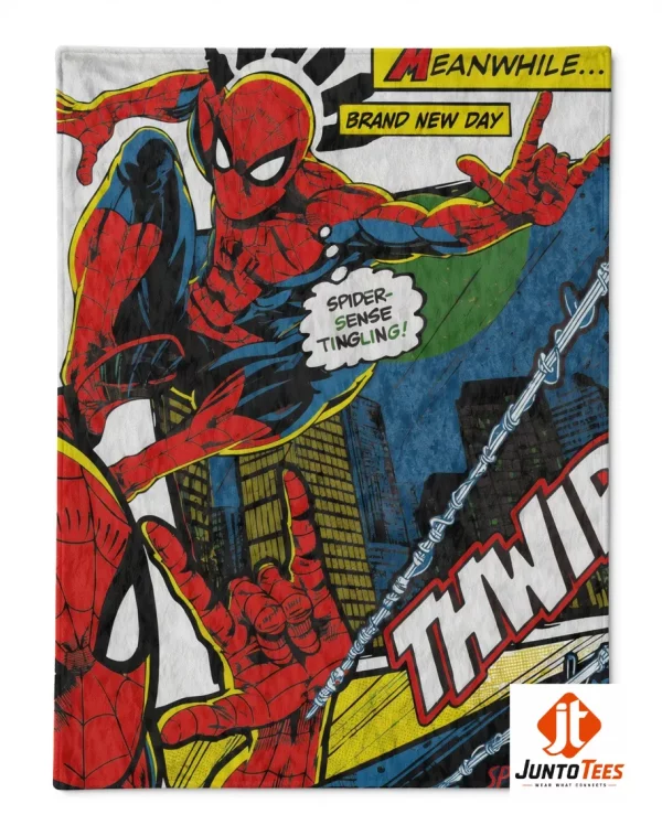 Detailed look of high-quality THWIP Spider-Man Brand New Day 2026 Marvel Studios Fleece Blanket in Marvel
