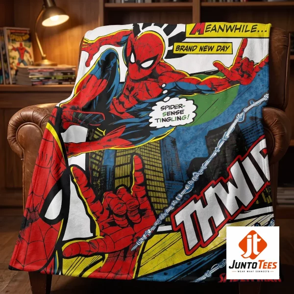 Close-up highlight of THWIP Spider-Man Brand New Day 2026 Marvel Studios Fleece Blanket styled with