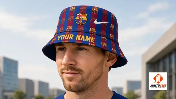 Front view of custom Barcelona themed bucket hat with stripes and crest.