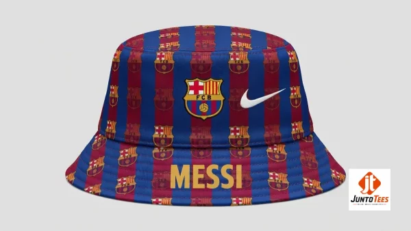 Custom Name FC Barcelona Stripe AOP Bucket Hat Nike 1 Front view of custom Barcelona themed bucket hat with stripes and crest. (Detail view #2)
