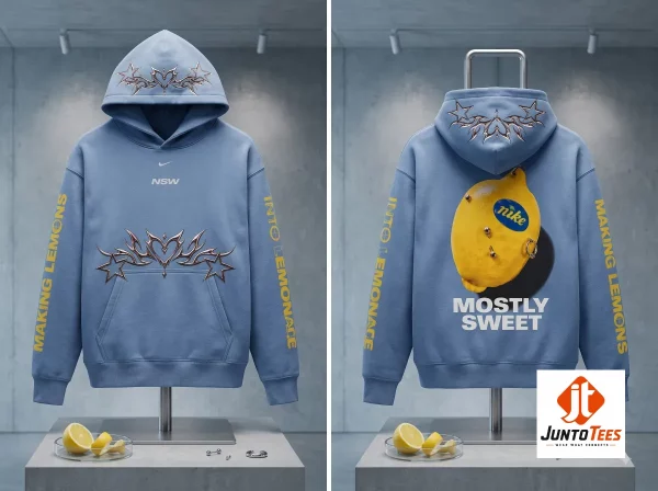 Front view of an ocean blue unisex hoodie featuring a metallic silver-effect printed heart and star design on the chest.