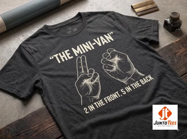 The Mini-Van 2 In The Front 5 In The Back Funny Graphic T-Shirt 3 Close-up highlight of The Mini-Van 2 In The Front 5 In The Back Funny Graphic T-Shirt styled with