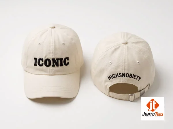 Off-white baseball cap with bold black embroidered ICONIC text lettering. (Detail view #3)