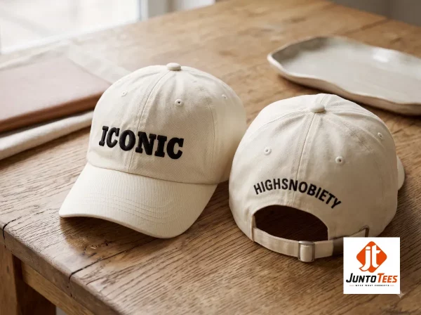Off-white baseball cap with bold black embroidered ICONIC text lettering. (Detail view #4)