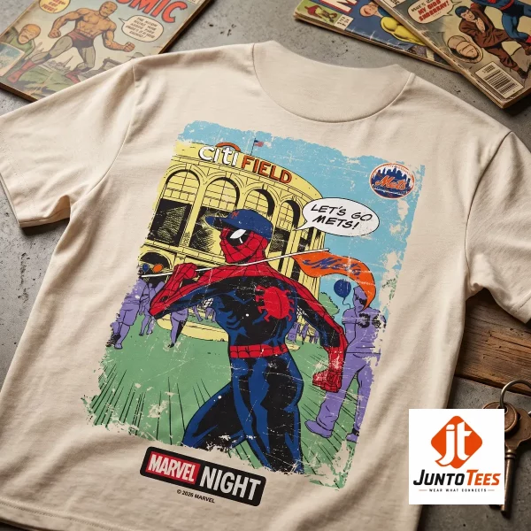 Spider-Man comic graphic printed on a beige cotton t-shirt with Mets branding.