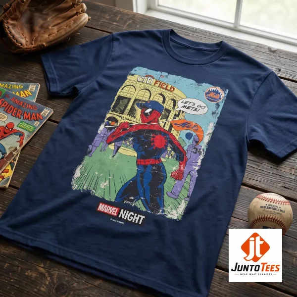 Spider-Man comic graphic printed on a beige cotton t-shirt with Mets branding. (Detail view #3)