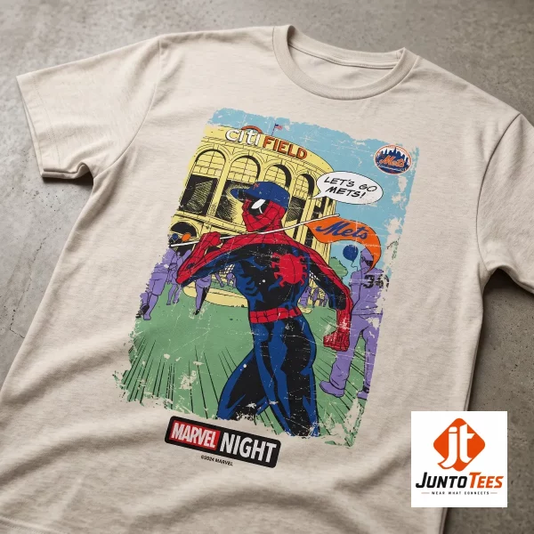 Close-up highlight of Marvel x Mets Spider-Man Night giveaway Shirt from Citi Field July 31 2026 styled with