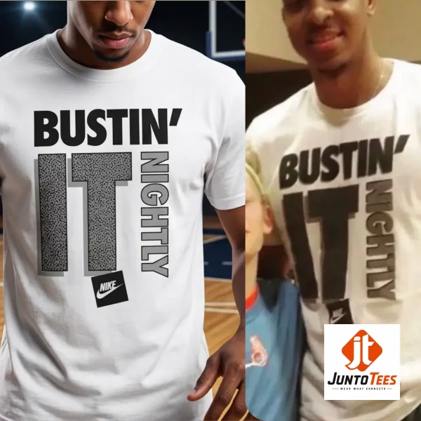 A front view of a white crew neck t-shirt showing the stylized Bustin' It Nightly graphic.