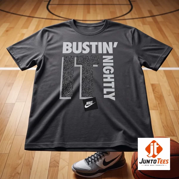 CJ McCollum Nike "Bustin' It Nightly" graphic t-shirt 6 A front view of a white crew neck t-shirt showing the stylized Bustin' It Nightly graphic. (Detail view #7)