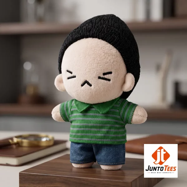 Front view of a BTS Suga Yoongi plush toy wearing a green striped shirt and black beanie on a wooden base.