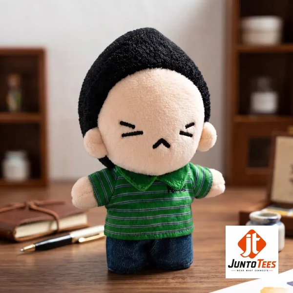 BTS Suga Yoongi Debut Plush Toys 1 A close-up of the Yoongi plush toy standing on a polished wooden stand, showing soft material details.