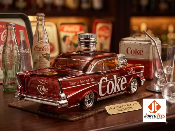 Close-up highlight of Coca-Cola 1957 Chevy Bel Air Glass Whiskey Decanter styled with