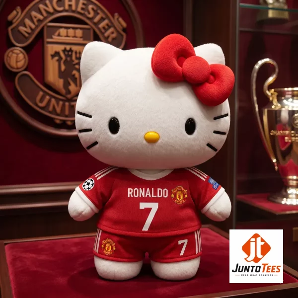 Hello Kitty plush wearing a Ronaldo number 7 Manchester United soccer kit.