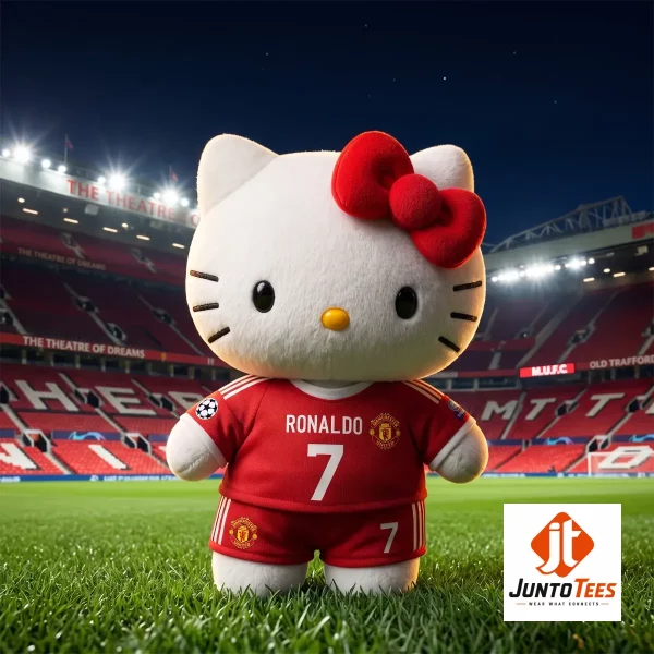 Hello Kitty plush wearing a Ronaldo number 7 Manchester United soccer kit. (Detail view #2)