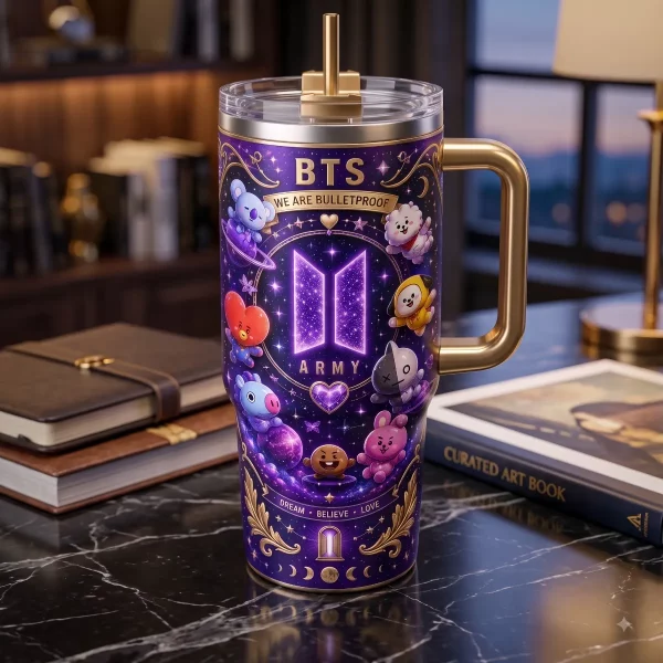 A 40oz stainless steel tumbler displaying a vibrant purple galaxy print with BT21 characters and the BTS logo on a dark marble desk.