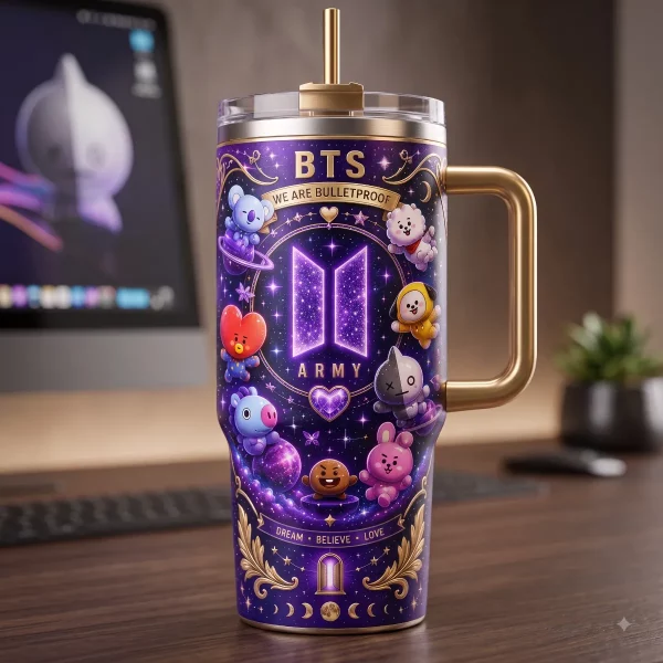BTS BT21 We Are Bulletproof ARMY Purple Galaxy 40oz Tumbler with Handle and Straw 1 Lifestyle shot of the BTS BT21 tumbler with a handle, set on a professional dark office desk near a journal and art book.