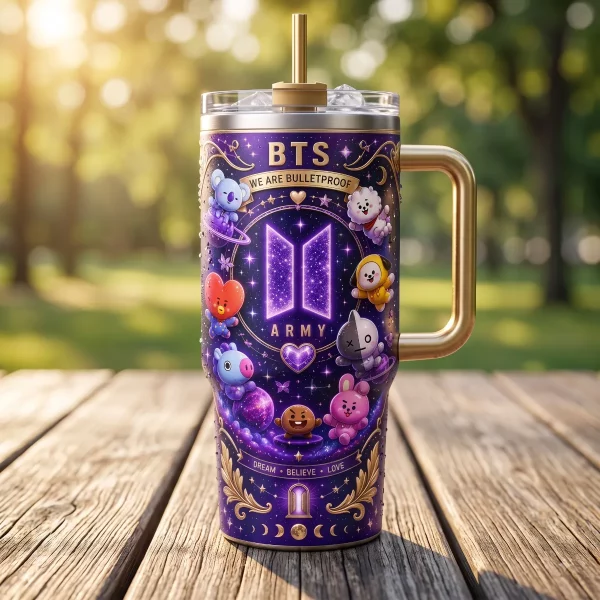 BTS BT21 We Are Bulletproof ARMY Purple Galaxy 40oz Tumbler with Handle and Straw 2 A 40oz stainless steel tumbler displaying a vibrant purple galaxy print with BT21 characters and the BTS logo on a dark marble desk. (Detail view #3)