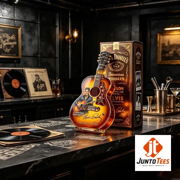 Gibson J-200 shaped glass decanter with Elvis Presley design sitting on a dark marble bar counter.