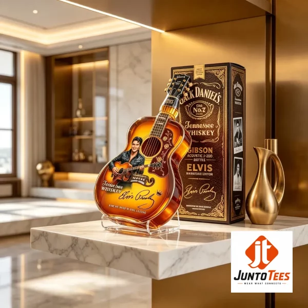 Detail view of the Elvis Presley guitar-shaped whiskey decanter in a warm, dimly lit lounge.