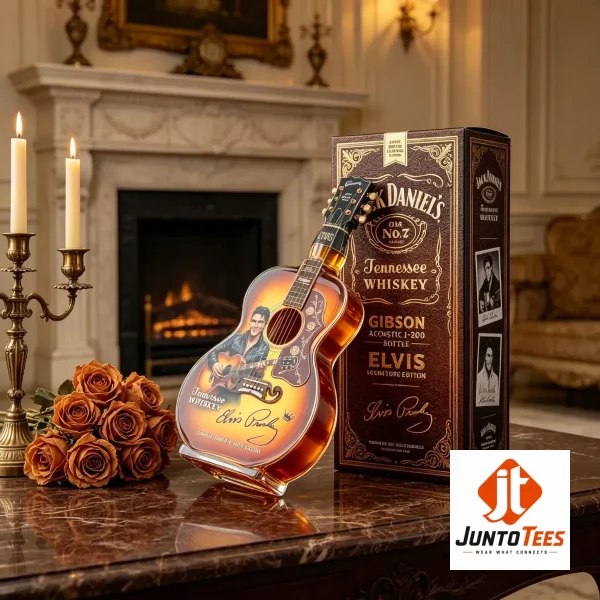 Gibson J-200 shaped glass decanter with Elvis Presley design sitting on a dark marble bar counter. (Detail view #3)