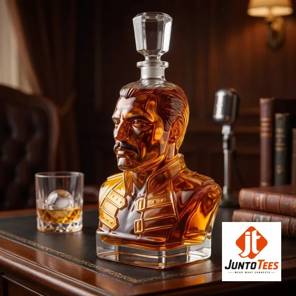 A glass whiskey decanter shaped as a Freddie Mercury bust on a desk.