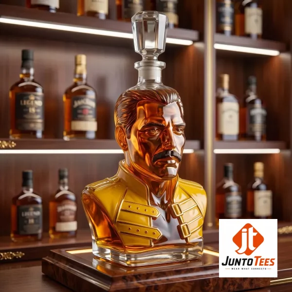 A glass whiskey decanter shaped as a Freddie Mercury bust on a desk. (Detail view #3)