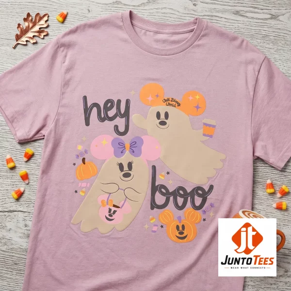 Flatlay of a mauve t-shirt with Mickey and Minnie ghost artwork and candy corn decorations on a wood grain surface.