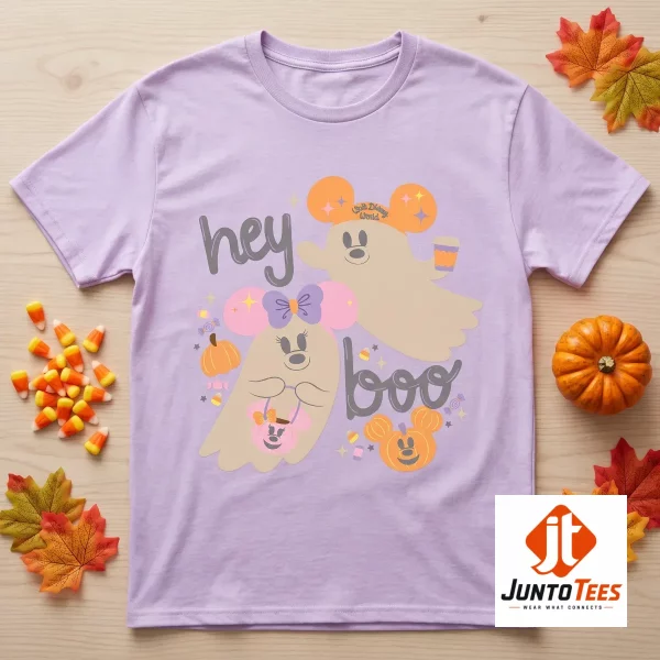 2026 Walt Disney World Parks Hey Boo Mickey and Minnie Ghost Halloween T-Shirt 1 Flatlay of a mauve t-shirt with Mickey and Minnie ghost artwork and candy corn decorations on a wood grain surface. (Detail view #2)