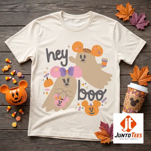 2026 Walt Disney World Parks Hey Boo Mickey and Minnie Ghost Halloween T-Shirt 2 Flatlay of a mauve t-shirt with Mickey and Minnie ghost artwork and candy corn decorations on a wood grain surface. (Detail view #3)