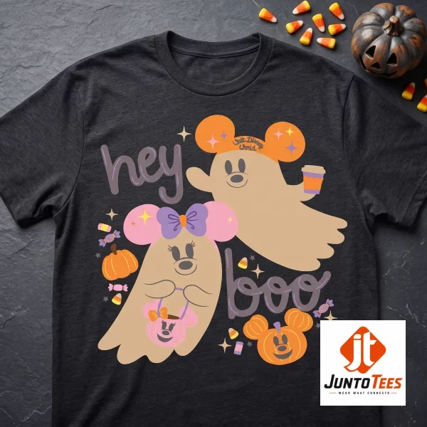 2026 Walt Disney World Parks Hey Boo Mickey and Minnie Ghost Halloween T-Shirt 3 Flatlay of a mauve t-shirt with Mickey and Minnie ghost artwork and candy corn decorations on a wood grain surface. (Detail view #4)