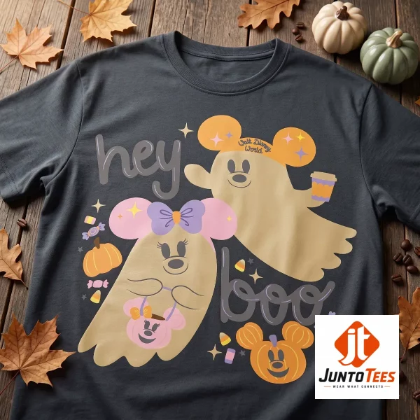 2026 Walt Disney World Parks Hey Boo Mickey and Minnie Ghost Halloween T-Shirt 4 Flatlay of a mauve t-shirt with Mickey and Minnie ghost artwork and candy corn decorations on a wood grain surface. (Detail view #5)