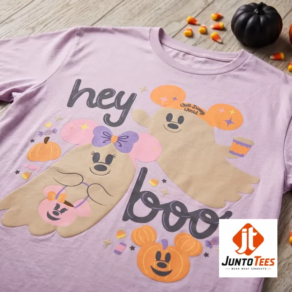 2026 Walt Disney World Parks Hey Boo Mickey and Minnie Ghost Halloween T-Shirt 6 Flatlay of a mauve t-shirt with Mickey and Minnie ghost artwork and candy corn decorations on a wood grain surface. (Detail view #7)