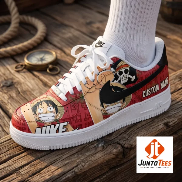 Custom One Piece Luffy Nike Air Force 1 sneakers with red anime graphics.