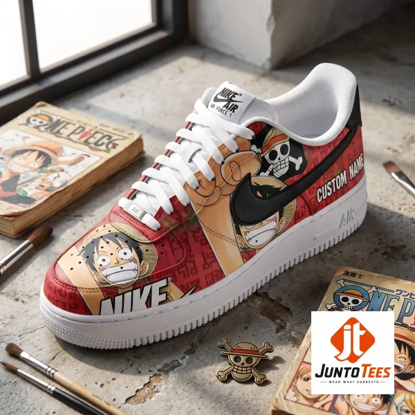 One Piece Monkey D Luffy Custom Nike Air Force 1 Straw Hat Pirates Sneakers 1 Detailed view of the Luffy anime print and Skull and Crossbones icon on a Nike sneaker.