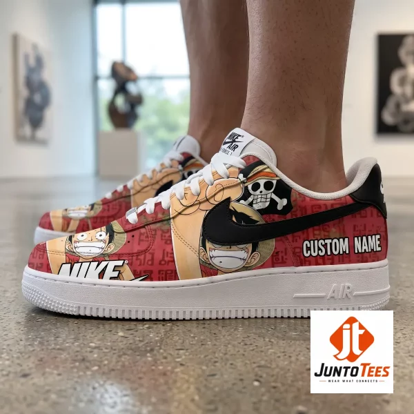 One Piece Monkey D Luffy Custom Nike Air Force 1 Straw Hat Pirates Sneakers 2 Custom One Piece Luffy Nike Air Force 1 sneakers with red anime graphics. (Detail view #3)