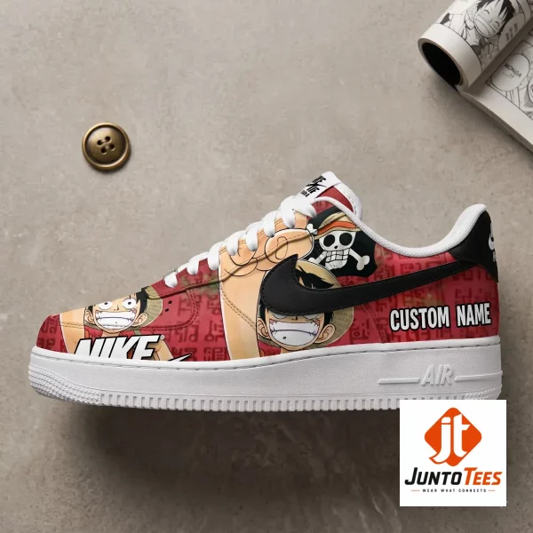 One Piece Monkey D Luffy Custom Nike Air Force 1 Straw Hat Pirates Sneakers 3 Custom One Piece Luffy Nike Air Force 1 sneakers with red anime graphics. (Detail view #4)