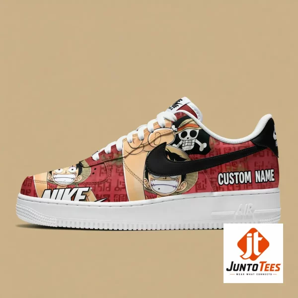 One Piece Monkey D Luffy Custom Nike Air Force 1 Straw Hat Pirates Sneakers 4 Custom One Piece Luffy Nike Air Force 1 sneakers with red anime graphics. (Detail view #5)