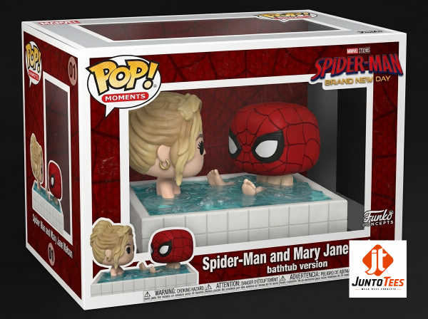 Spider-Man and Mary Jane Watson vinyl figure set in a bathroom diorama.