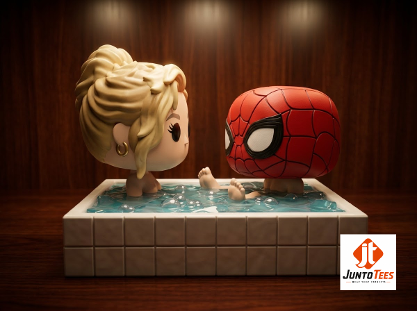 Spider-Man and Mary Jane Watson vinyl figure set in a bathroom diorama. (Detail view #3)