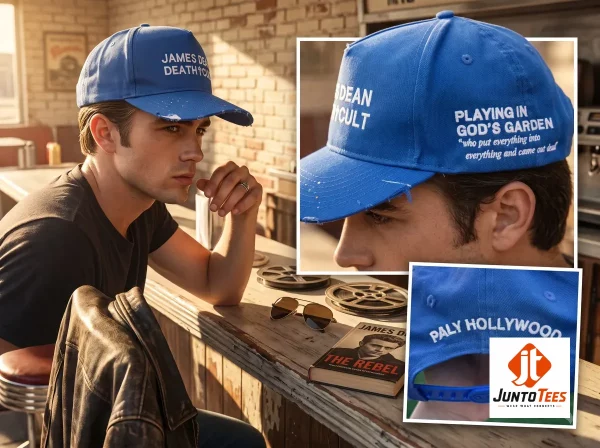 Close-up highlight of Paly Hollywood James Dean Death Cult Hat Replica styled with