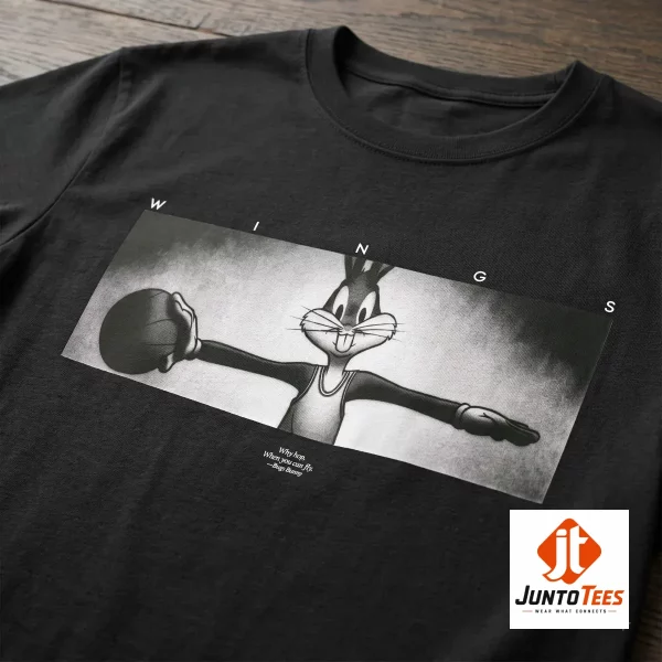 Vintage Bugs Bunny basketball graphic printed on a black cotton crew neck t-shirt.