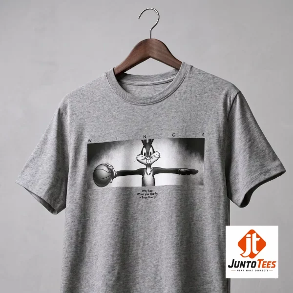 Bugs Bunny Wings Why Hop When You Can Fly Vintage Basketball T-Shirt 1 Vintage Bugs Bunny basketball graphic printed on a black cotton crew neck t-shirt. (Detail view #2)