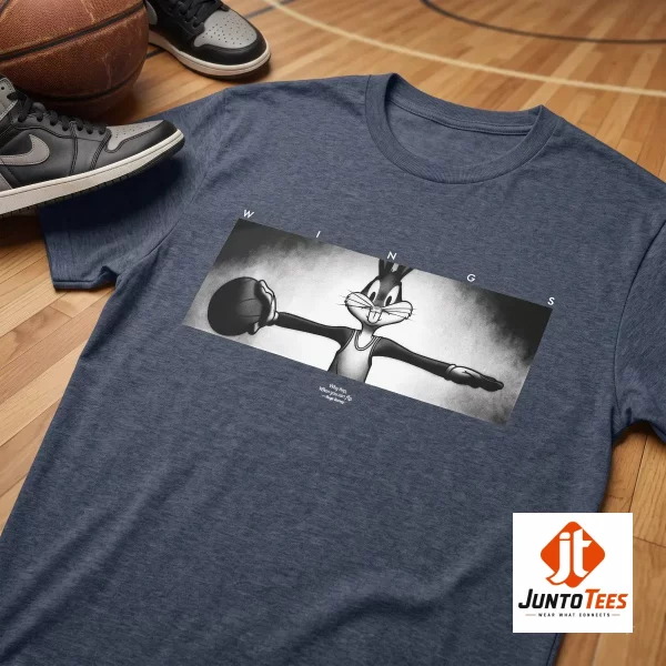 Bugs Bunny Wings Why Hop When You Can Fly Vintage Basketball T-Shirt 3 Vintage Bugs Bunny basketball graphic printed on a black cotton crew neck t-shirt. (Detail view #4)