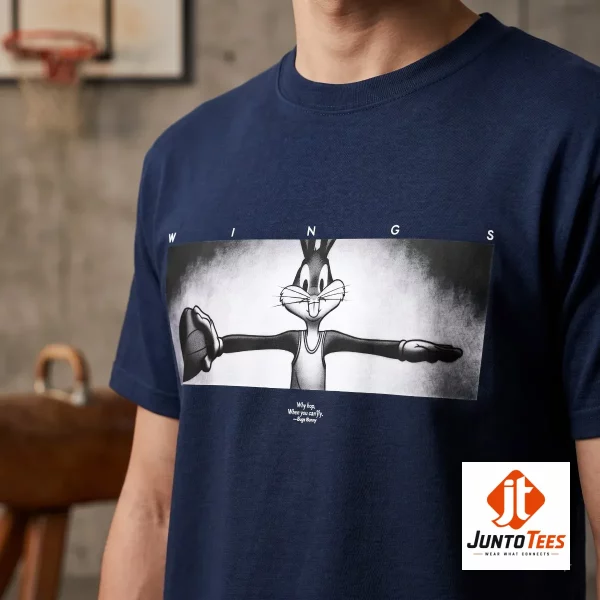 Bugs Bunny Wings Why Hop When You Can Fly Vintage Basketball T-Shirt 4 Vintage Bugs Bunny basketball graphic printed on a black cotton crew neck t-shirt. (Detail view #5)