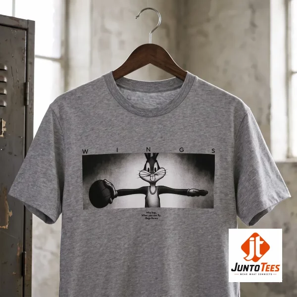 Bugs Bunny Wings Why Hop When You Can Fly Vintage Basketball T-Shirt 5 Vintage Bugs Bunny basketball graphic printed on a black cotton crew neck t-shirt. (Detail view #6)